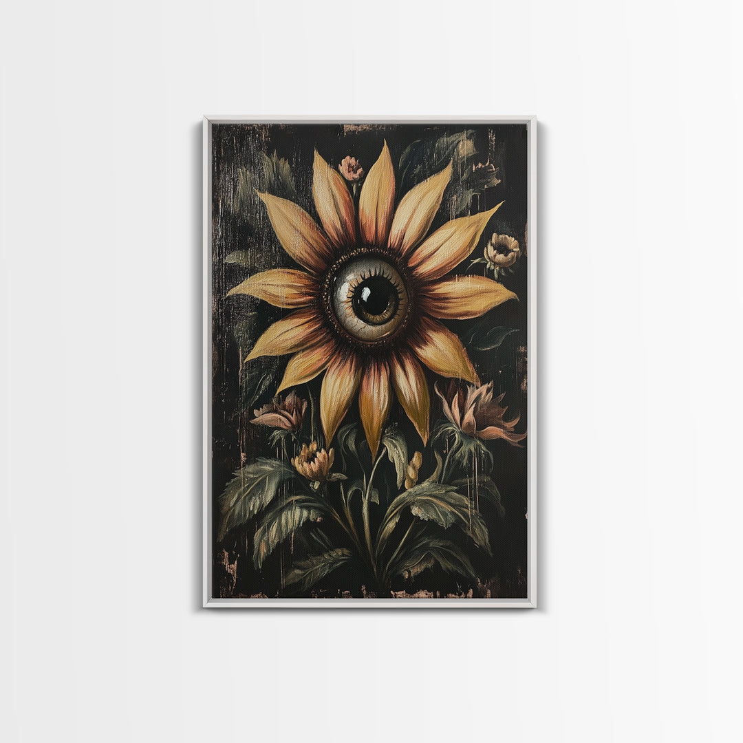 Cyclops Sunflower Framed Canvas Print - Spooky Home Decor - Halloween Wall Art - Dark Academia Macabre Wall Art Goth Botanical Art