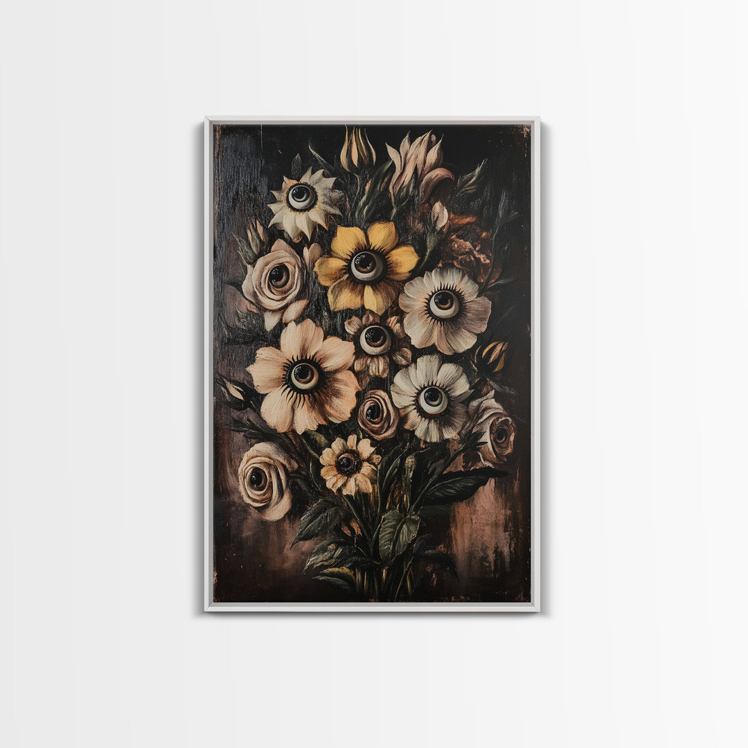 Macabre Halloween Decor, Creepy Flowers With Eyes Canvas Print, Dark Academia Wall Art, Surreal Spooky Gothic Decor, Witchy Art