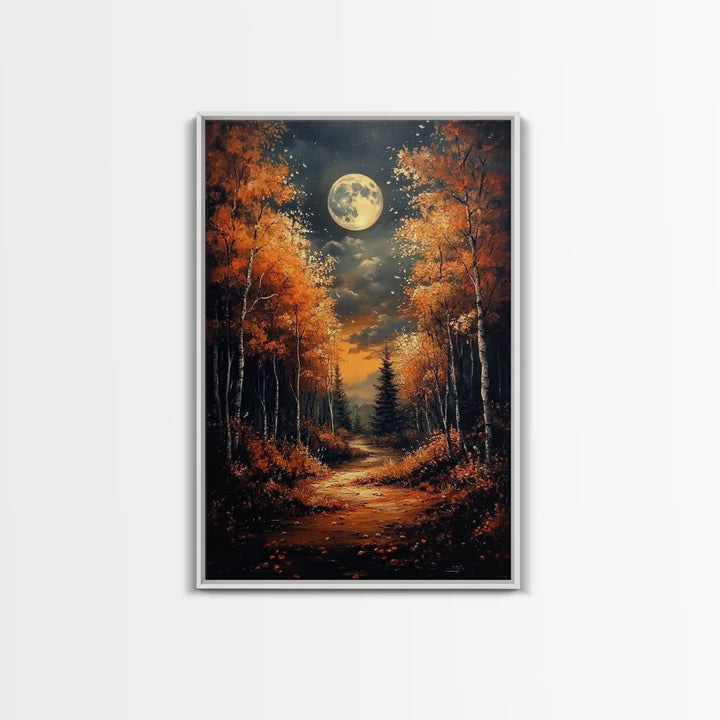 Full Moon Over a Haunted Forest, Framed Canvas Print, Wood Framed Wall Art, Dark Academia Witchy Decor