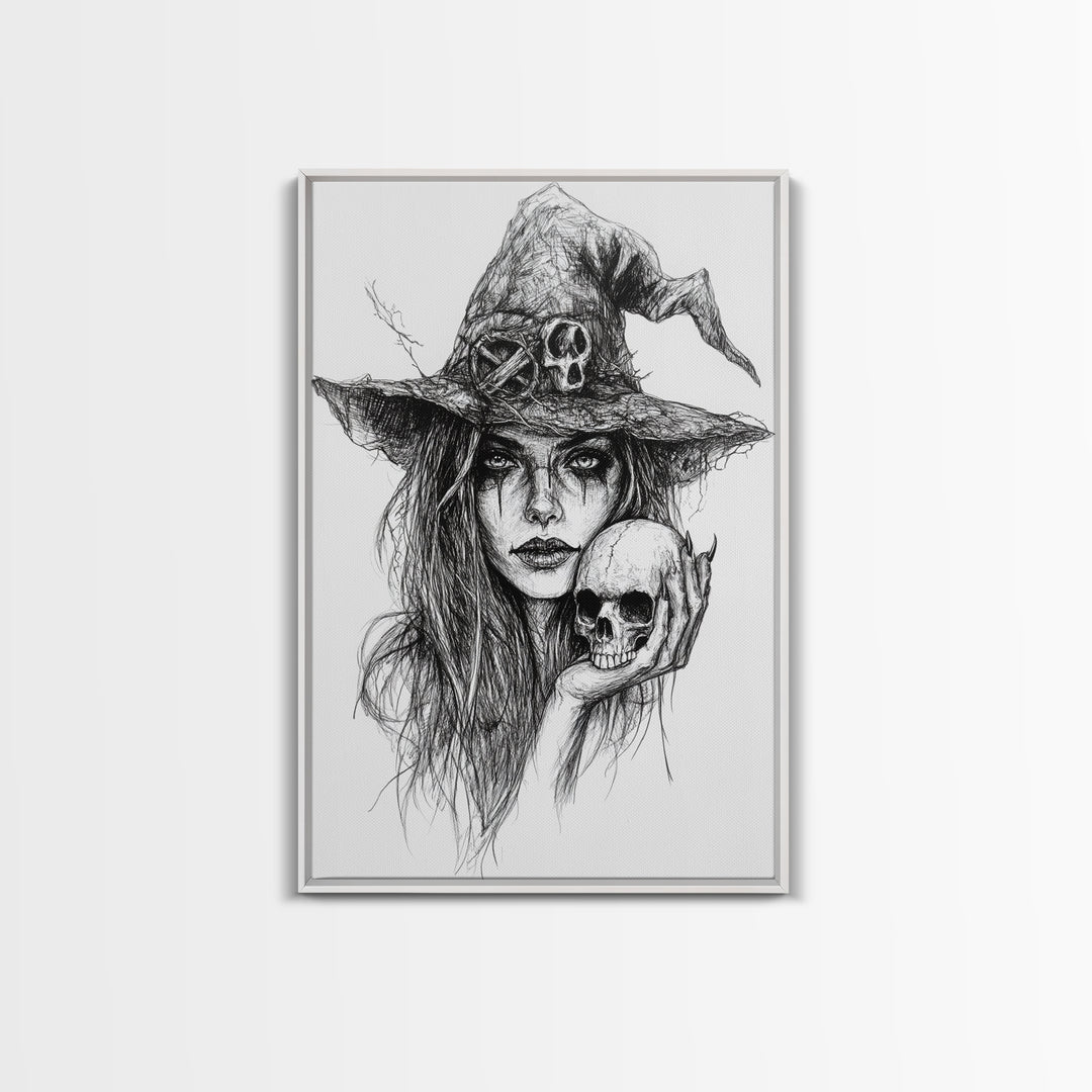 Charcoal Sketch Portrait Of a Witch Canvas Print, Dark Academia Wall Art, Moody Decor, Macabre Home Decor, Witchy Wall Art, Halloween Art