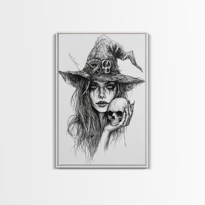 Charcoal Sketch Portrait Of a Witch Canvas Print, Dark Academia Wall Art, Moody Decor, Macabre Home Decor, Witchy Wall Art, Halloween Art