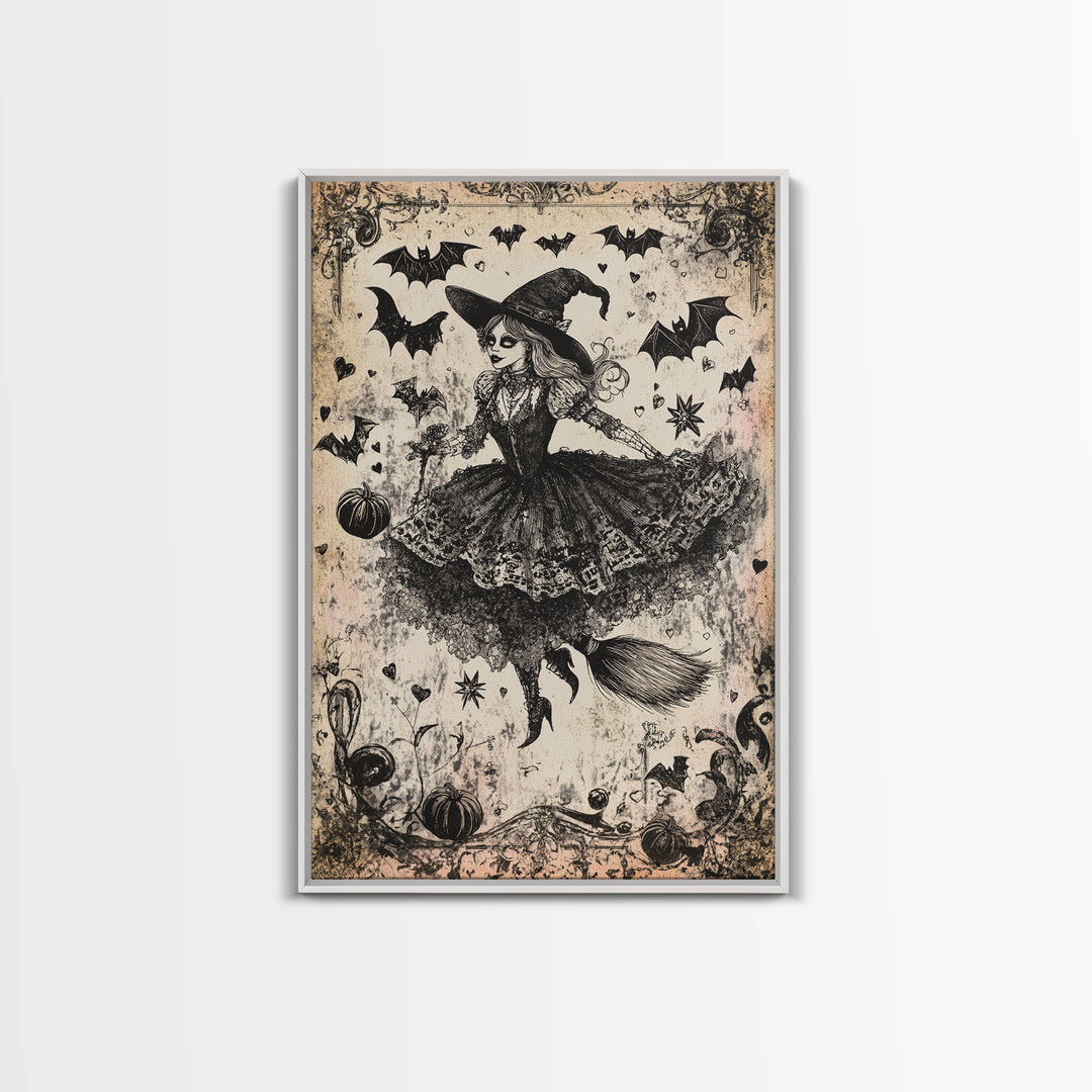 Spooky Season Halloween Witch, Witchy Decor Canvas Print, Black and White Witch Painting Print, Charcoal Sketch Of a Witch
