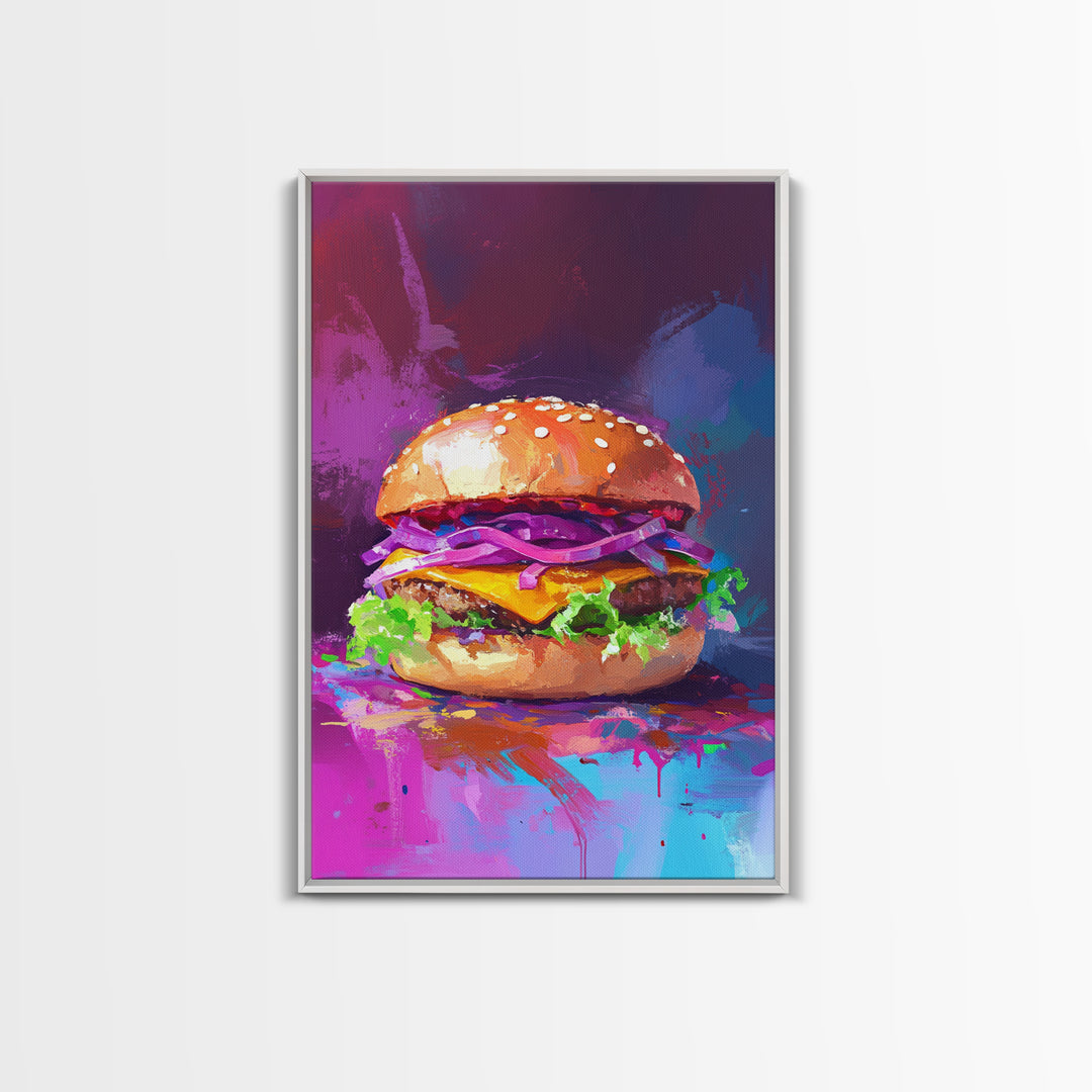 Cheeseburger Oil Painting Canvas Print, Hamburger Wall Art, Kitchen Painting, Kitchen Wall Art, Food Print, Restaurant Decor
