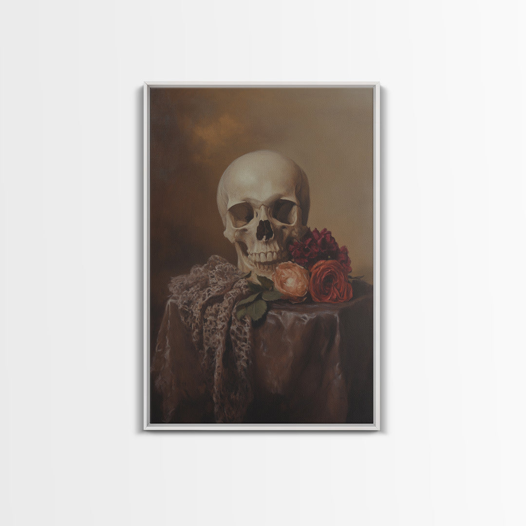 Dark Macabre Wall Art, Framed Canvas Print, Still Life Of a Skull and Roses, Dark Academia Decor, Halloween Art, Halloween Painting, Goth Art
