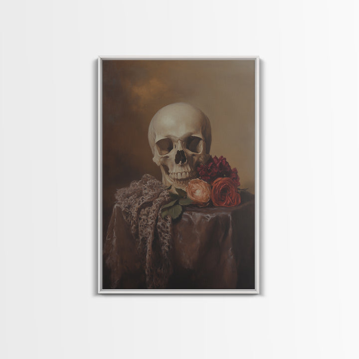 Dark Macabre Wall Art, Framed Canvas Print, Still Life Of a Skull and Roses, Dark Academia Decor, Halloween Art, Halloween Painting, Goth Art
