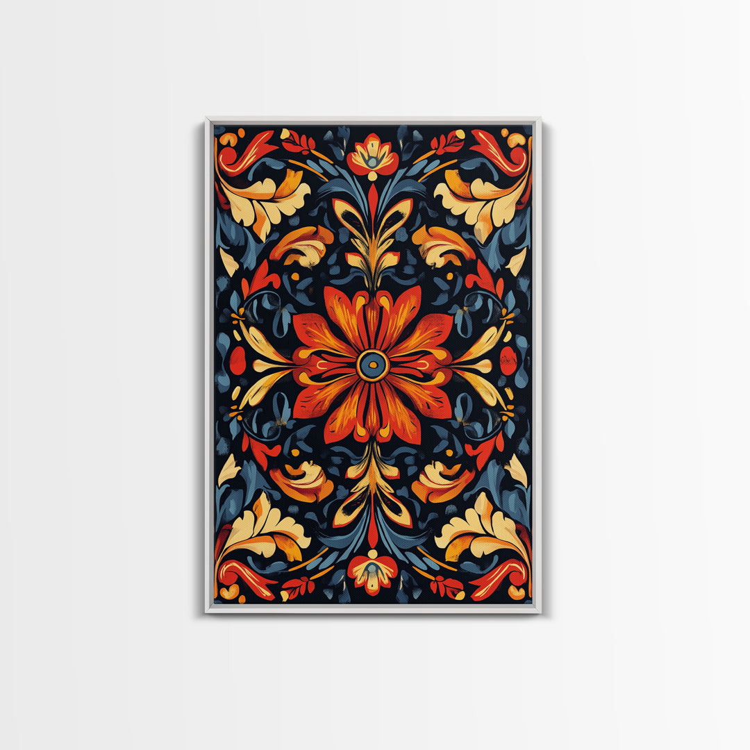 Botanical Floral Tile Pattern Framed Canvas Print, Southwestern Decor, Modern Farmhouse, Pueblo Style Art, Mexicano Chicano Art
