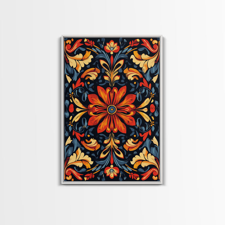 Botanical Floral Tile Pattern Framed Canvas Print, Southwestern Decor, Modern Farmhouse, Pueblo Style Art, Mexicano Chicano Art