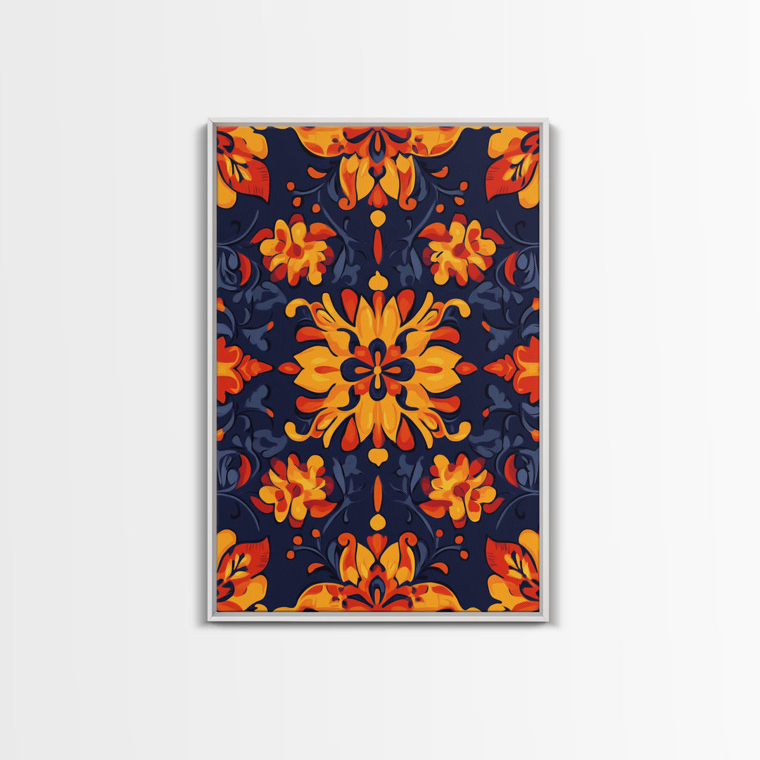 Botanical Pattern Wall Art Framed Canvas Print, Wood Framed Art, Mexicano Art, Mexican Tile Print Wall Art, Chicano Farmhouse Art