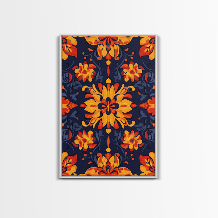 Botanical Pattern Wall Art Framed Canvas Print, Wood Framed Art, Mexicano Art, Mexican Tile Print Wall Art, Chicano Farmhouse Art