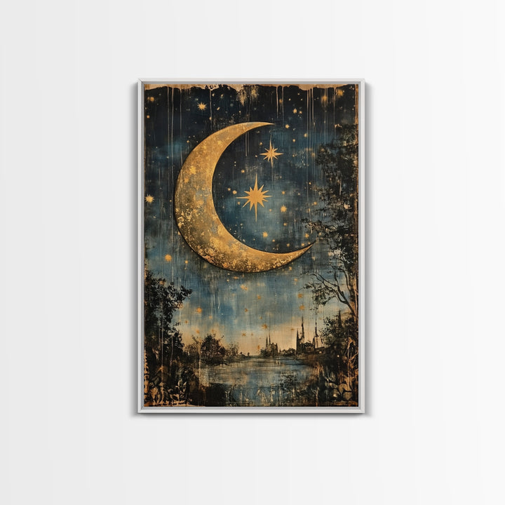 Crescent Moon in Starry Night Sky, Folk Art Framed Canvas Print, Boho Eclectic Decor, Minimalist Witchy Wall Art, Moody Decor