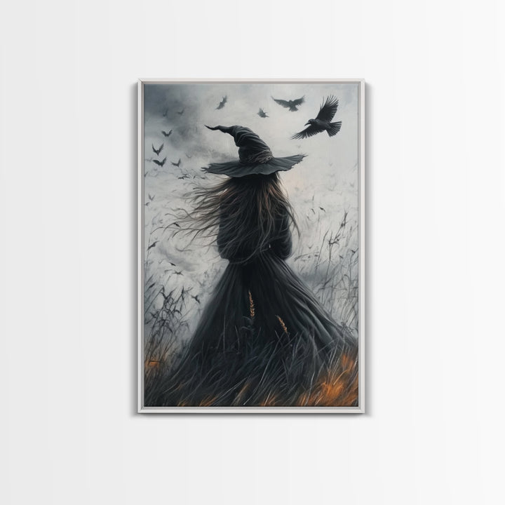 The Witch and her Crows, Framed Canvas print, Spooky Season Halloween Wall Art, Gothic Home Decor, Witch Wall Art, Halloween Art