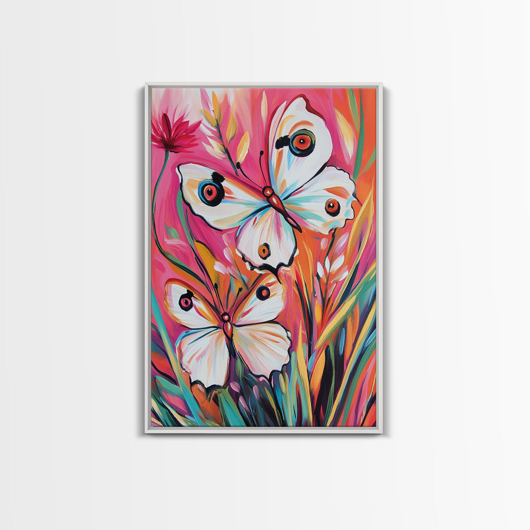 Abstract Painting Print of White Butterflies on Pink Background, Home Decor, Preppty Wall Art, Framed Canvas Print