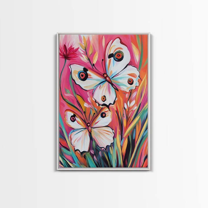 Abstract Painting Print of White Butterflies on Pink Background, Home Decor, Preppty Wall Art, Framed Canvas Print