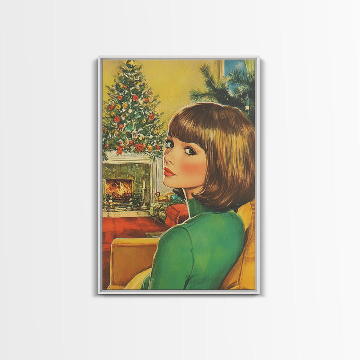 Christmas Postcard Style Art, Home Decor, Christmas Wall Art, Framed Canvas Print, 1950s Christmas Style Wall Art, Christmas Postcard Art