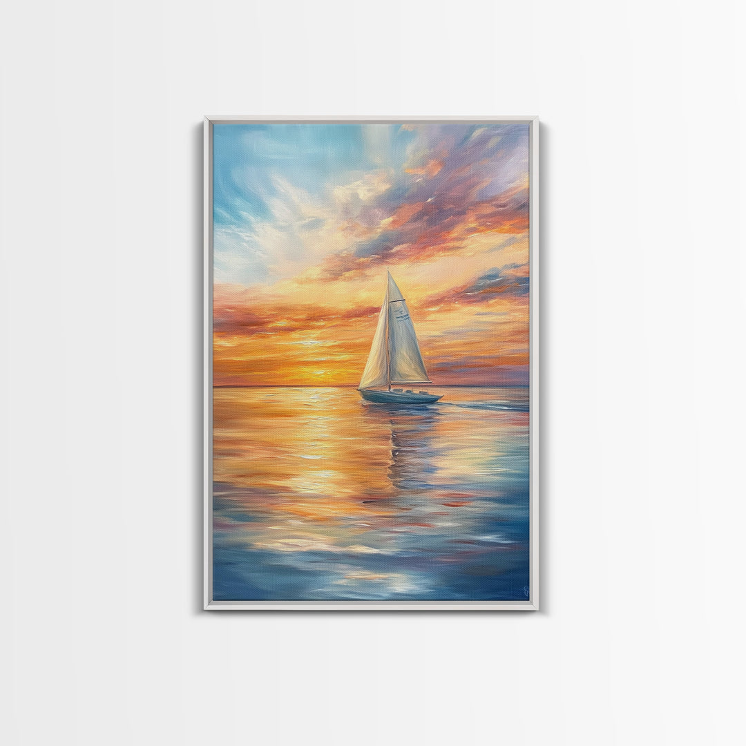 Oil Painting Print of a Sailboat At Sunset, Framed Canvas Print, Nautical Decor, Nautical Nursery, Nautical Wall Art, Beach House or Lakehouse Art