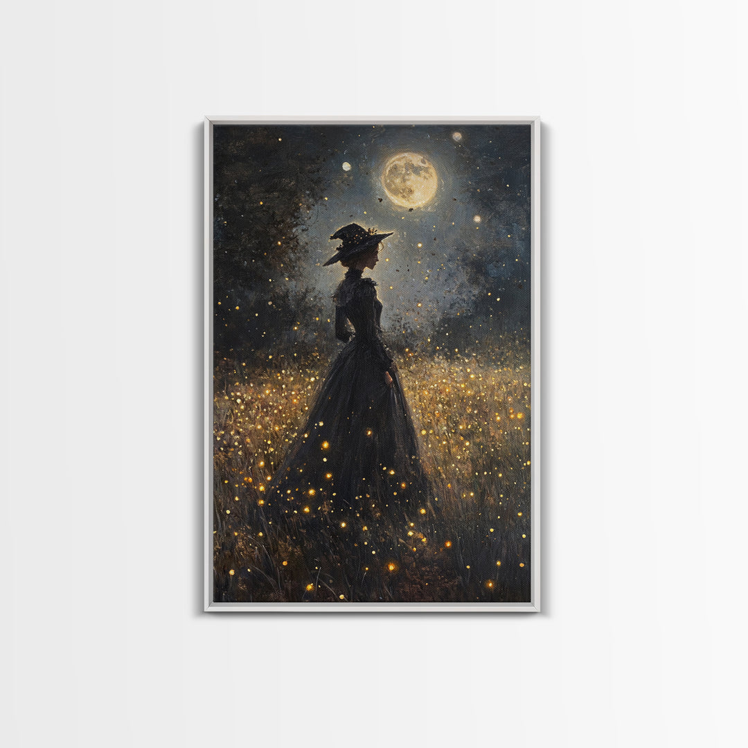 Witch Under a Full Moon Framed Canvas Print, Vintage Art Prints, Dark Academia, Witchy Gifts, Halloween Prints, Gothic Wall Art