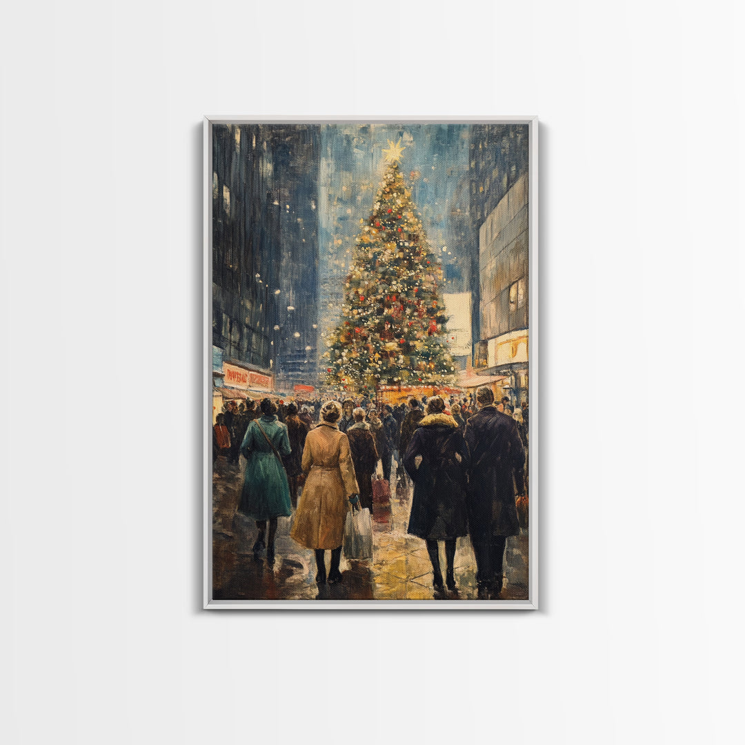 Christmas Village Wall Art Canvas print - Christmas Painting - Christmas Shopeprs in NYC in the 1950s - Christmas Decor - Winter Wall Art