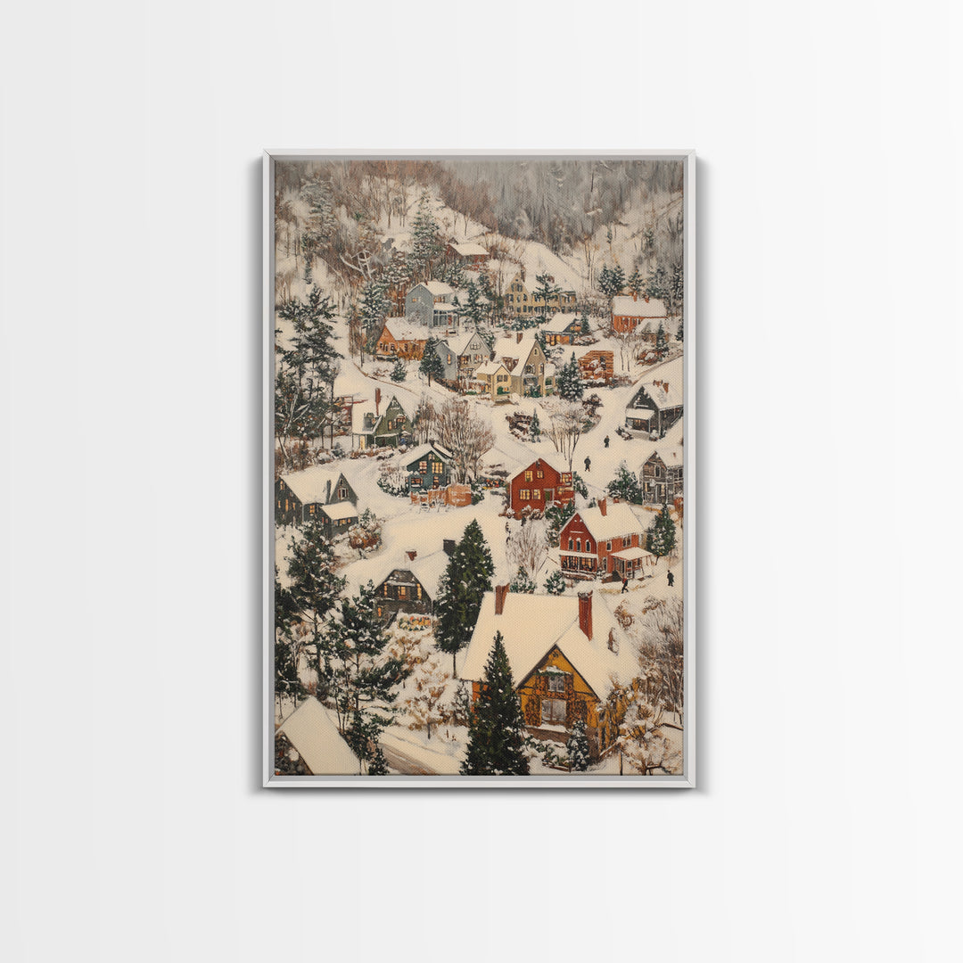 Christmas Village Covered in Snow, Framed Canvas Print, Christmas Oil painting print, Vintage Christmas Art Print, Christmas Wall Art