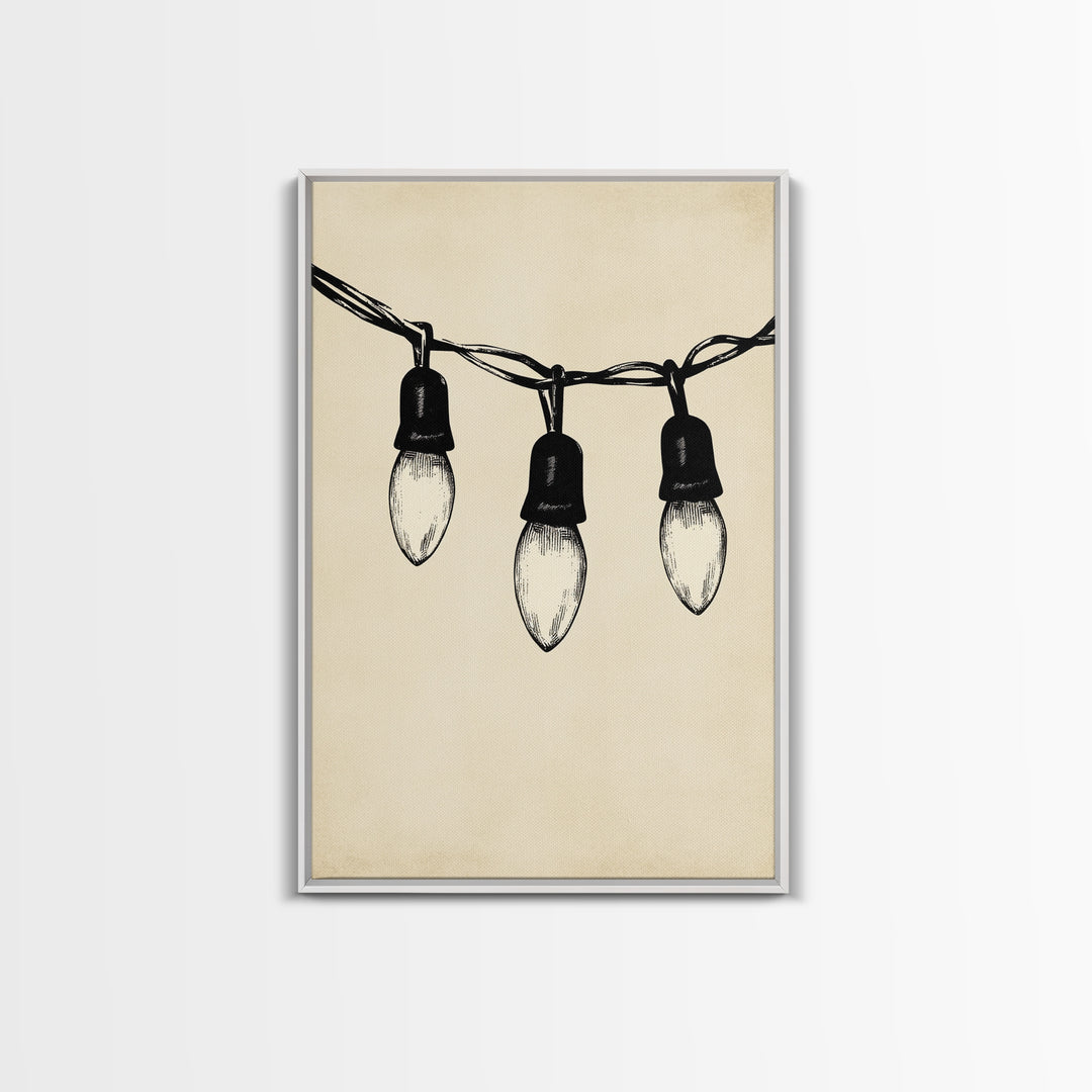 Black and White Sketch of Christmas Lights Canvas Print - Framed Canvas - Minimalist Christmas Art - Boho Christmas Art - Rustic Christmas Art