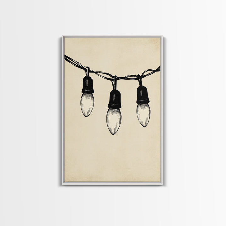 Black and White Sketch of Christmas Lights Canvas Print - Framed Canvas - Minimalist Christmas Art - Boho Christmas Art - Rustic Christmas Art