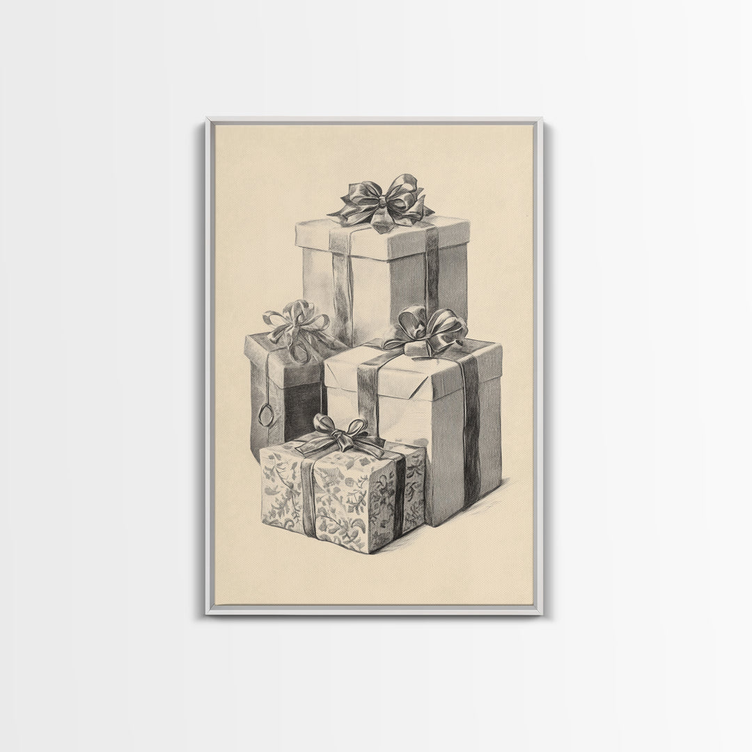 Drawing of Christmas Gifts Canvas Print - Framed Canvas - Minimalist Christmas Art - Boho Christmas Art - Rustic Christmas Art