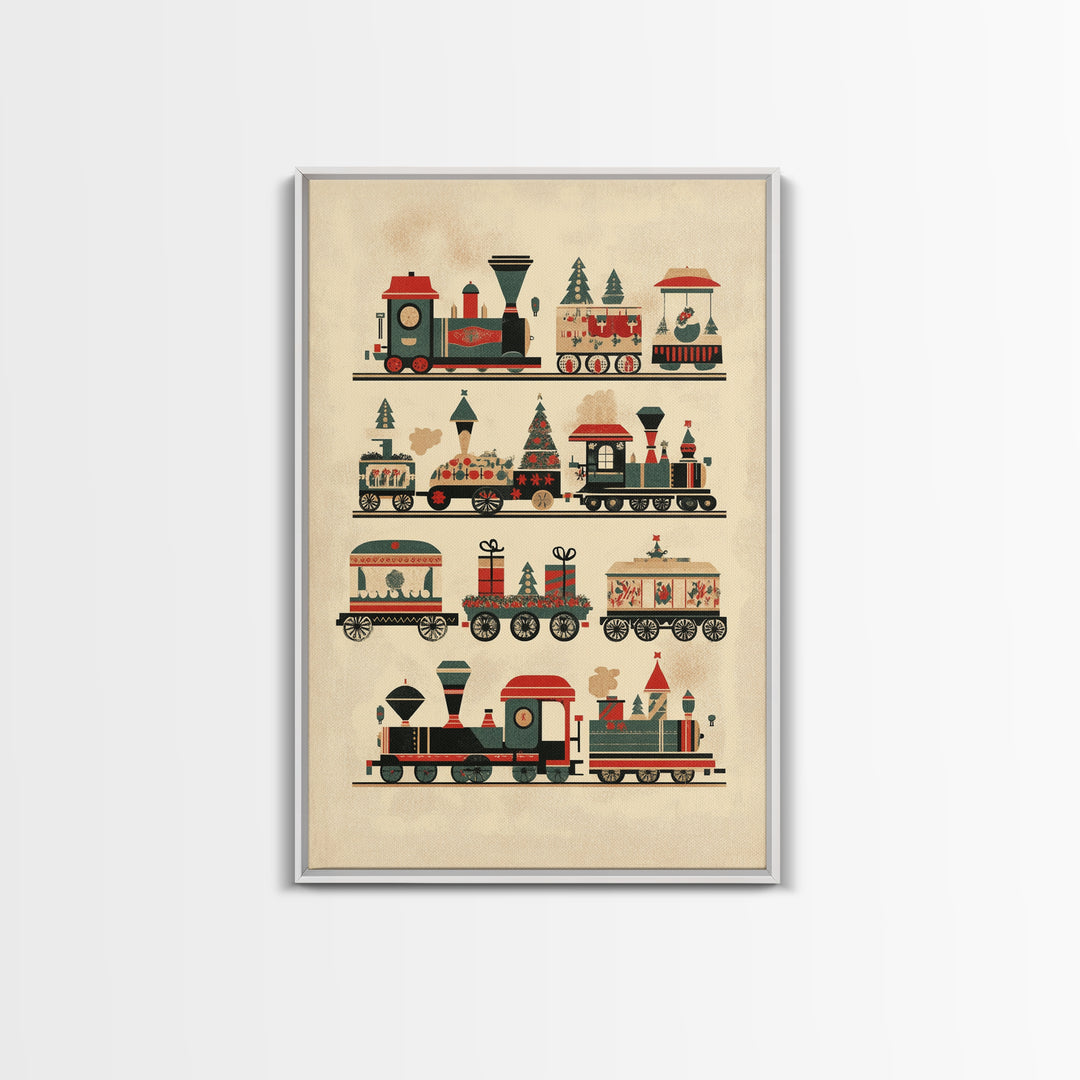 Cute Christmas Trains Canvas Print - Framed Canvas - Minimalist Christmas Art - Boho Christmas Art - Rustic Christmas Art
