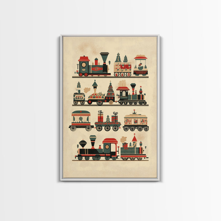 Cute Christmas Trains Canvas Print - Framed Canvas - Minimalist Christmas Art - Boho Christmas Art - Rustic Christmas Art