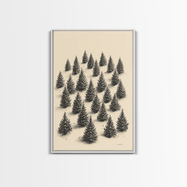 Sketch of a Christmas Tree Farm Canvas Print - Framed Canvas - Minimalist Christmas Art - Boho Christmas Art - Rustic Christmas Art