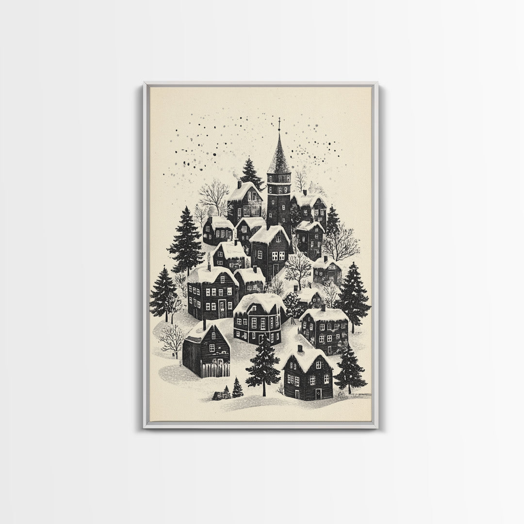 Black and White Sketch of A Christmas Village Canvas Print - Framed Canvas - Minimalist Christmas Art - Boho Christmas Art - Rustic Christmas Art