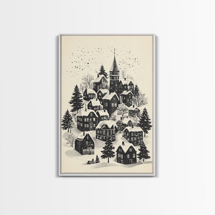 Black and White Sketch of A Christmas Village Canvas Print - Framed Canvas - Minimalist Christmas Art - Boho Christmas Art - Rustic Christmas Art