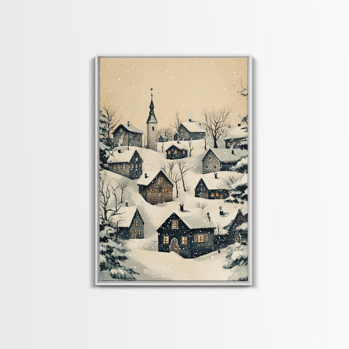 Christmas Village Canvas Print - Framed Canvas - Minimalist Christmas Art - Boho Christmas Art - Rustic Christmas Art