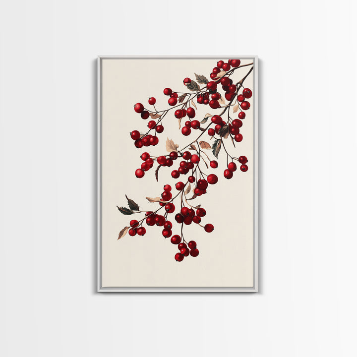Vintage Holly Berries Canvas Print - Framed Canvas - Minimalist Christmas Art - Boho Christmas Art - Rustic Christmas Art