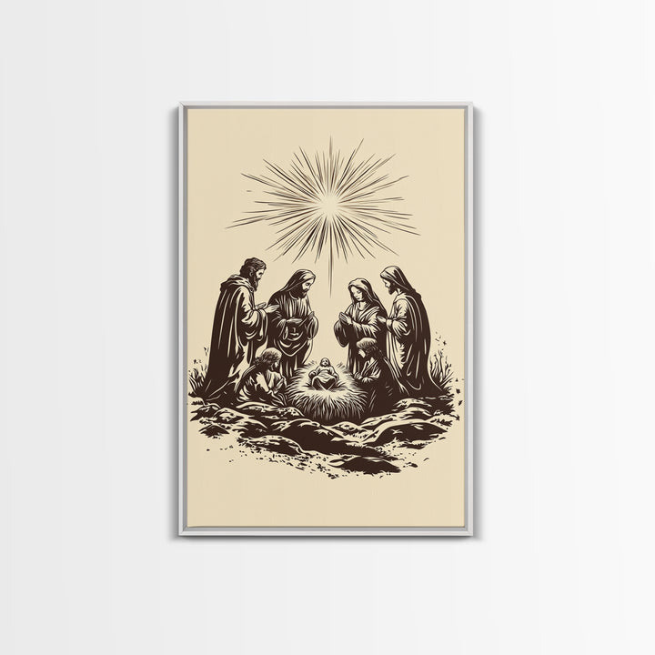Nativity Scene Canvas Print - Framed Canvas - Minimalist Christmas Art - Boho Christmas Art - Rustic Christmas Art - Nativity Painting