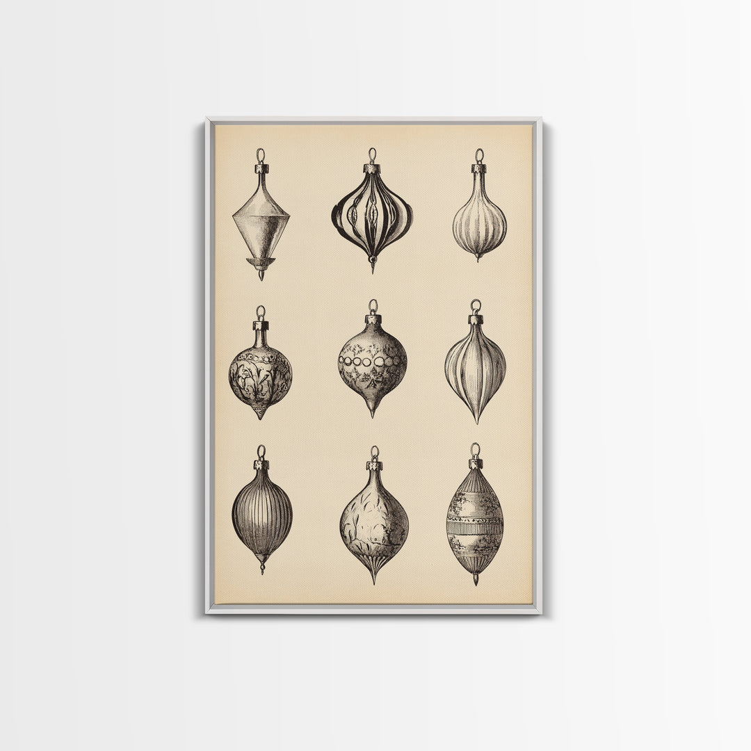 Retro Christmas Ornaments Canvas Print - Framed Canvas - Minimalist Christmas Art - Boho Christmas Art - Rustic Christmas Art