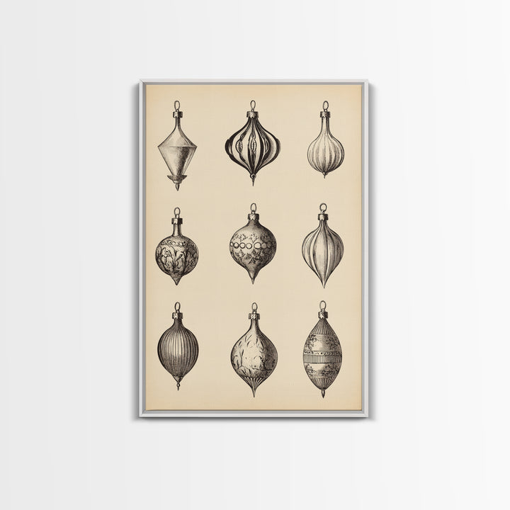 Retro Christmas Ornaments Canvas Print - Framed Canvas - Minimalist Christmas Art - Boho Christmas Art - Rustic Christmas Art