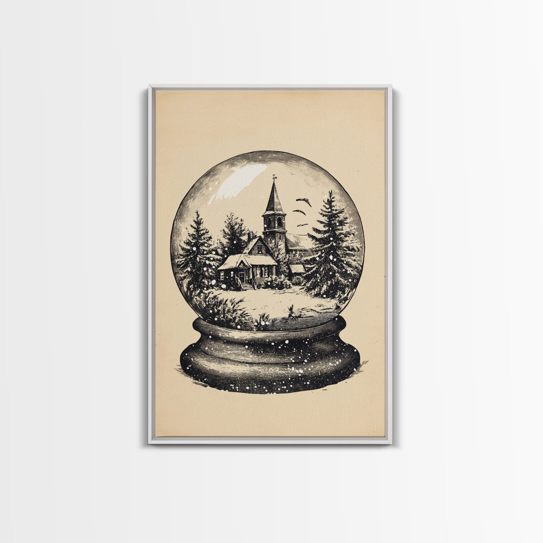 Retro Christmas Snowglobe Canvas Print - Framed Canvas - Minimalist Christmas Art - Boho Christmas Art - Rustic Christmas Art