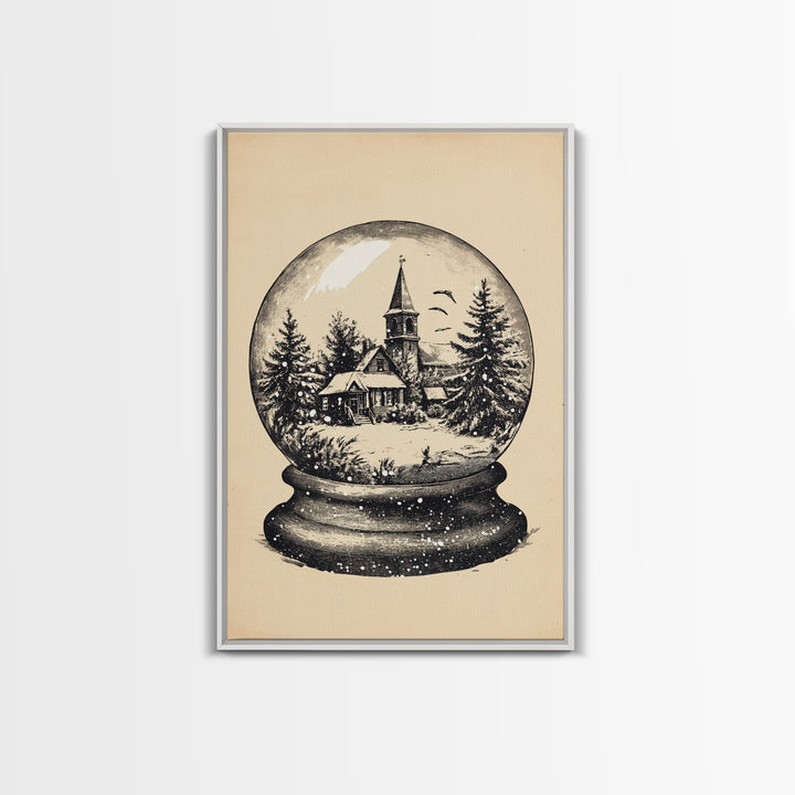 Retro Christmas Snowglobe Canvas Print - Framed Canvas - Minimalist Christmas Art - Boho Christmas Art - Rustic Christmas Art