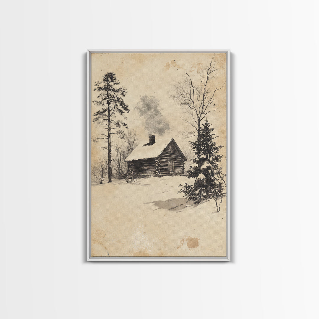 Christmas Cabin Canvas Print - Framed Canvas - Minimalist Christmas Art - Boho Christmas Art - Rustic Christmas Art
