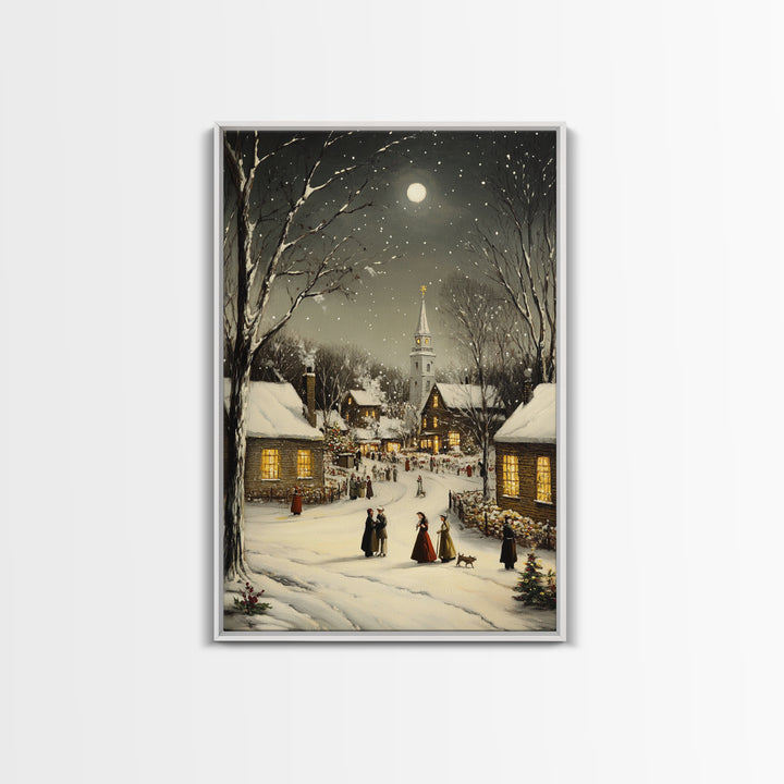 Huge Christmas Tree In The Town Square, Christmas Village Wall Art, Framed Canvas Print, Christmas Canvas Art