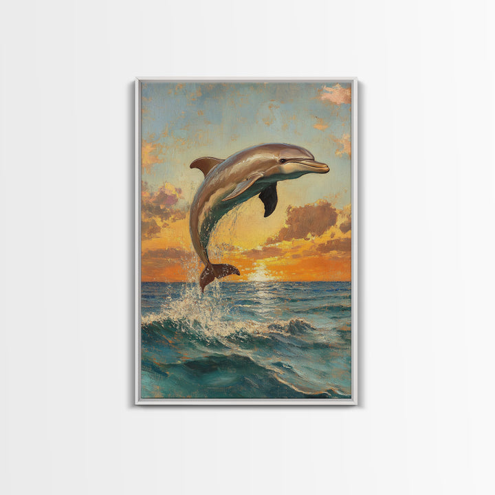 Dolphin Jumping At Sunset, Framed Canvas Print, Dolphin Painting, Dolphin Decor, Dolphin Wall Art