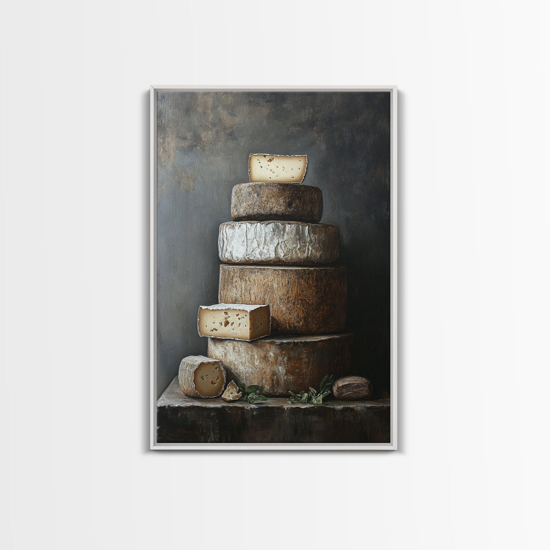 Cheese Wall Art Framed Canvas Print, Cheese Still Life, Cheese Painting, Kitchen Decor, Dining Room Wall Art, Rustic Farmhouse Kitchen Art