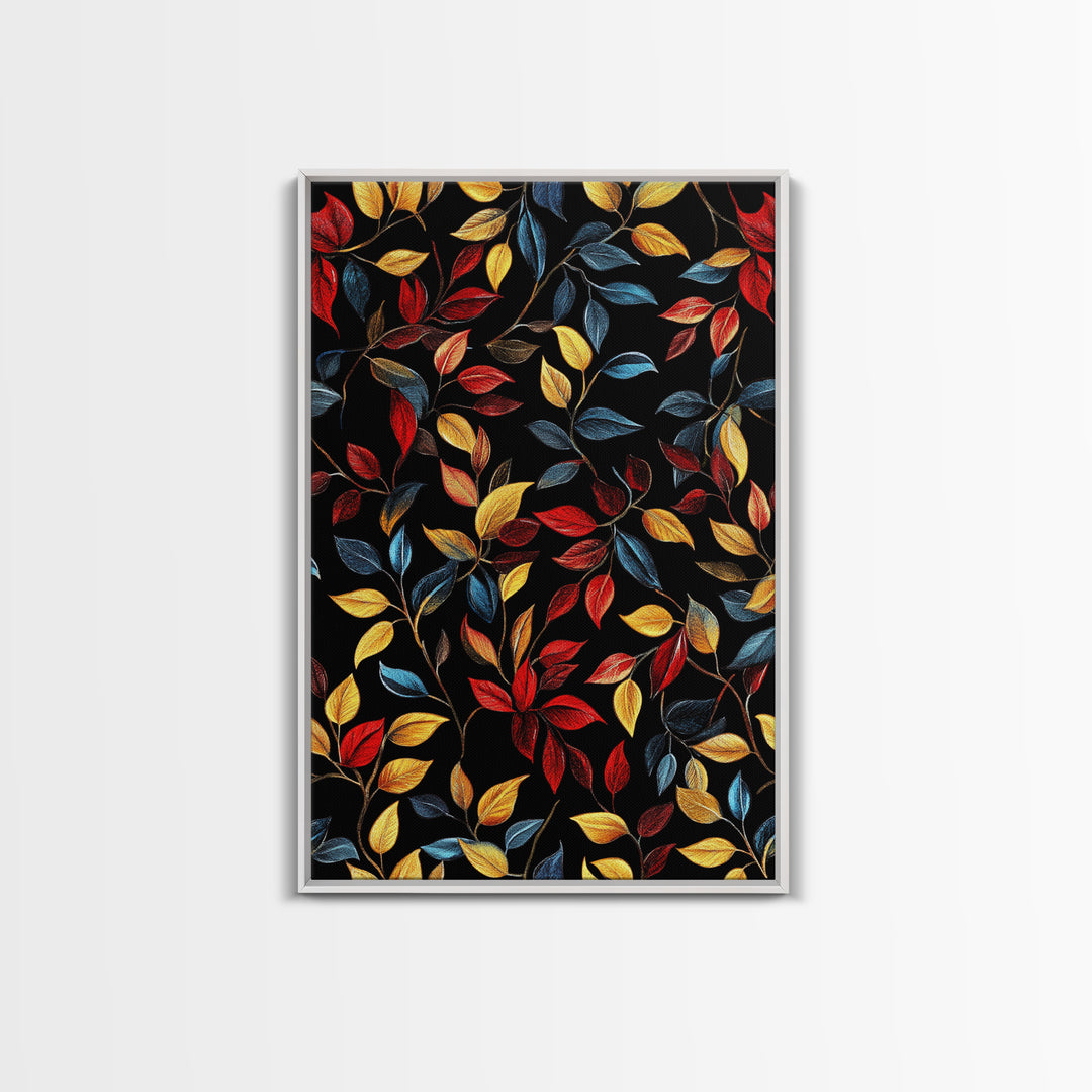 Botanical Fall Leaves Art Print On Canvas with Wood Frame, Black Background, Retro Style Home Decor