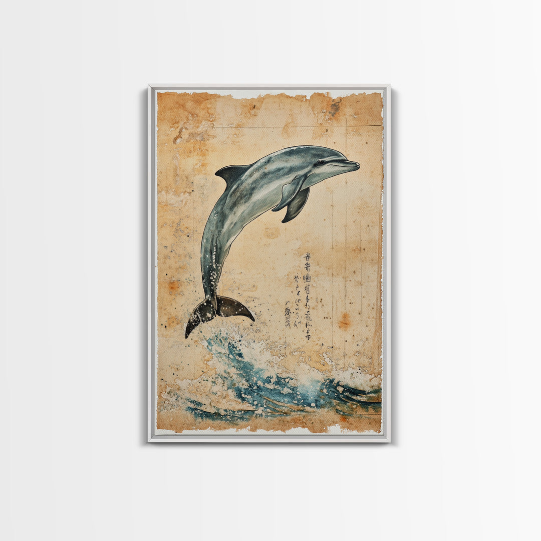 Wabi Sabi Dolphin Print, Framed Canvas Print, Dolphain Painting, Dolphin Print, Nautical Decor, Dolphin Art, Boho Style Minimalist Art