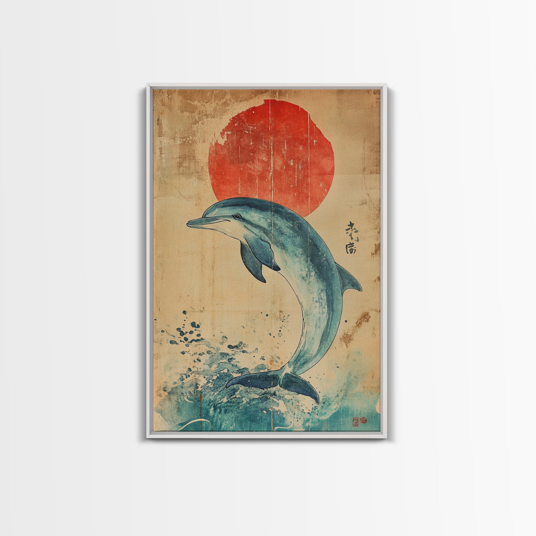 Dolphin Jumping Under A Sunset Over the Ocean Framed Canvas Print, Wabi Sabi Nautical Home Decor, Minimalist Wall Art, Office Decor