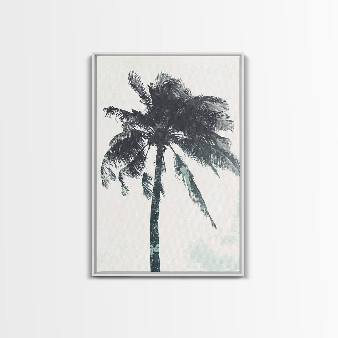 Palm Tree In The Wind, Framed Canvas Print, Wabi Sabi Watercolor Painting of a Palm Tree, Statement Piece Art