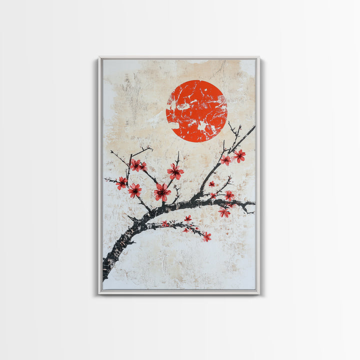 Cherry Blossoms and Sunset Framed Canvas Print - Minimalist Wabi Sabi Wall Art - Cherry Blossoms Painting - Home Decor - Japanese Style Art