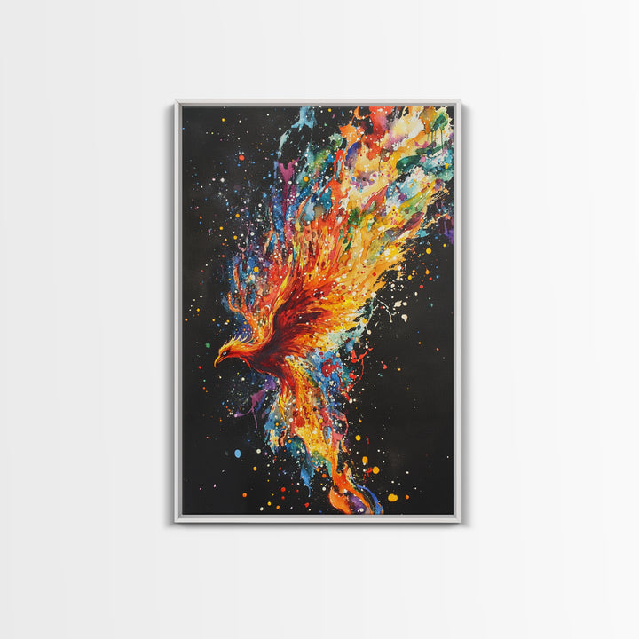 Rainbow Phoenix In Flames, Retribution, Framed Canvas Print, The Phoenix, Framed Wall Art, Original Painting Phoenix