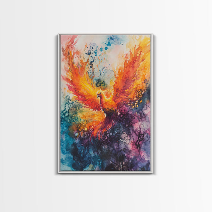Rising Phoenix Canvas Print Wall Art - Majestric Watercolor Painting On Vertical Canvas, Framed and Ready To Hang, Hardware Included