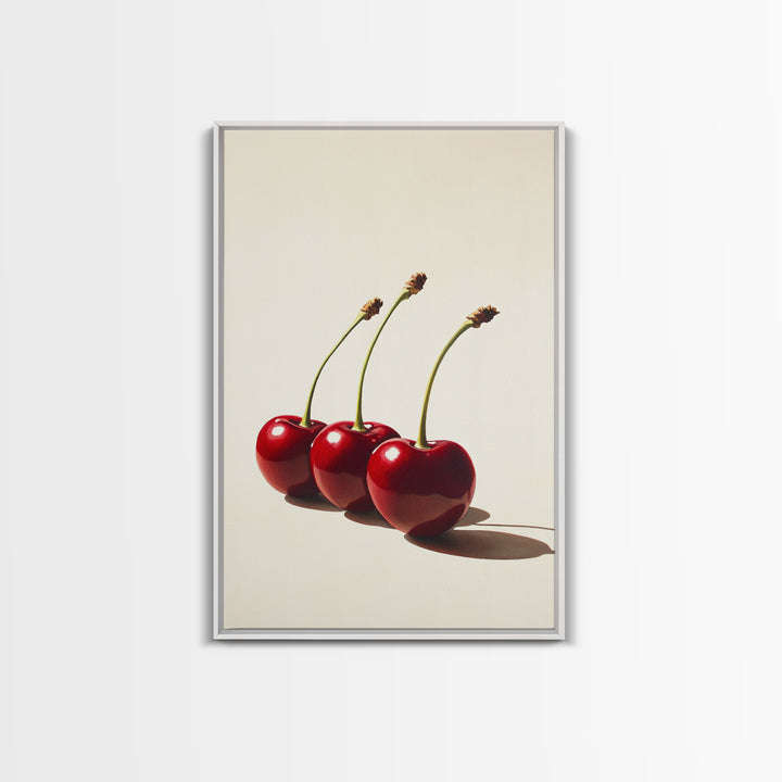 Three Cherries Framed Canvas Print, Cherry Painting, Cherry Wall Art, Ready To Hang Painting, Framed Wall Art, Photorealism, Fruit Art