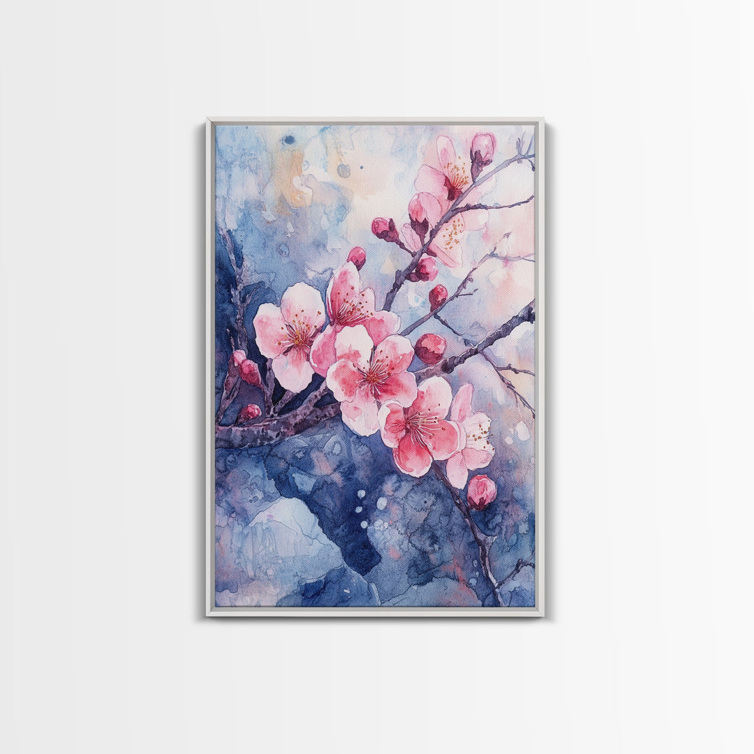 Cherry Blossoms Wall Art, Framed Canvas Print, Ready To Hang, Boho Decor, Minimalist Cherry Blossom Painting, Home Decor Living Room